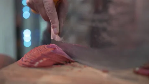 A chef's slicing Turkish bacon. Stock Footage 146638225