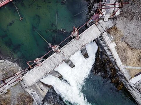 Chemal river. Chemal HPP. Chemal hydroelectric power station in Altai. aeri.. Stock Photos
