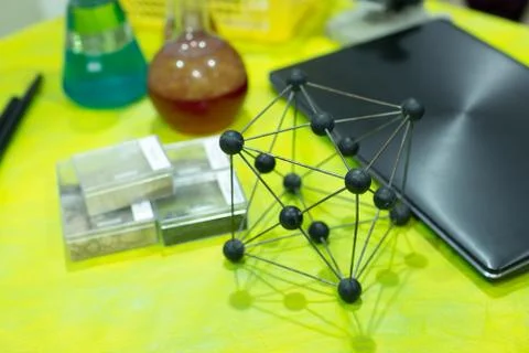 Chemical composition, science, study concept. on the table in chemical class Stock Photos