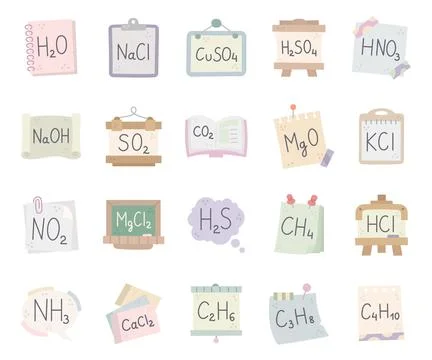 Chemical compound set featuring formulas water Stock Illustration