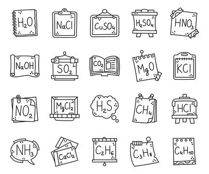 Chemical compound set featuring formulas water Stock Illustration