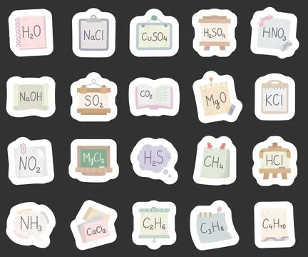 Chemical compound set featuring formulas water Stock Illustration