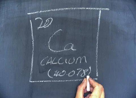 Chemical element tile. Calcium Ca.  written on a blackboard with chalk. Chalk Stock Photos