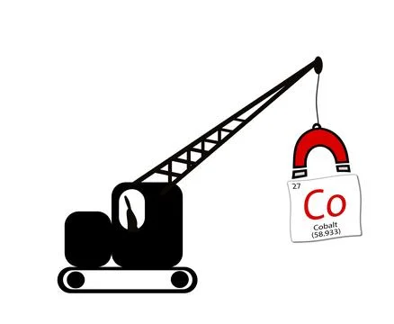 Chemical element tile. Co Cobalt hanging from a crane carrying a magnet. Stock Illustration