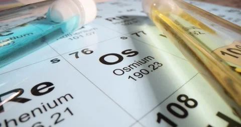 Chemical elements and test tubes with yellow and blue liquids on the periodic Stock Footage 274129747