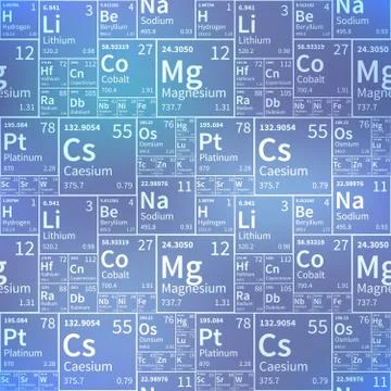 Chemical elements from periodic table, white icons on blurred background Stock Illustration