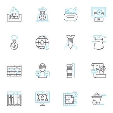 Chemical engineering linear icons set. Reactor, Catalyst, Polymer, Distillation Stock Illustration