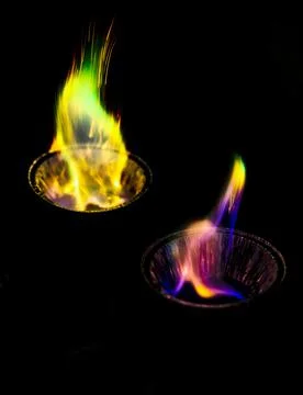 Chemical experiment with fire. multi-colored flames in the dark. Stock-Fotos