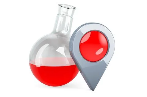 Chemical flask with map pointer. 3D rendering Illustrazione stock