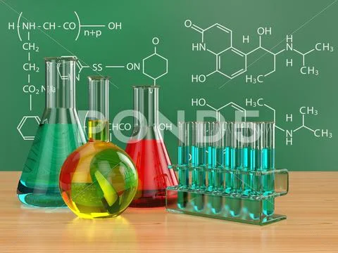 Chemical flasks and blackboard with formulas. Stock Illustration