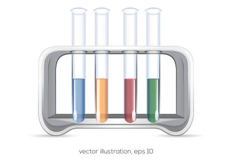 Chemical flasks with multi colored reagents isolated on white Stock Illustration