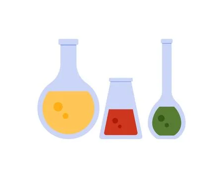 Chemical flasks set, lab beaker and glass test tubes with toxic substance Stock Illustration