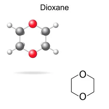 Chemical formula and model of dioxane Stock Illustration