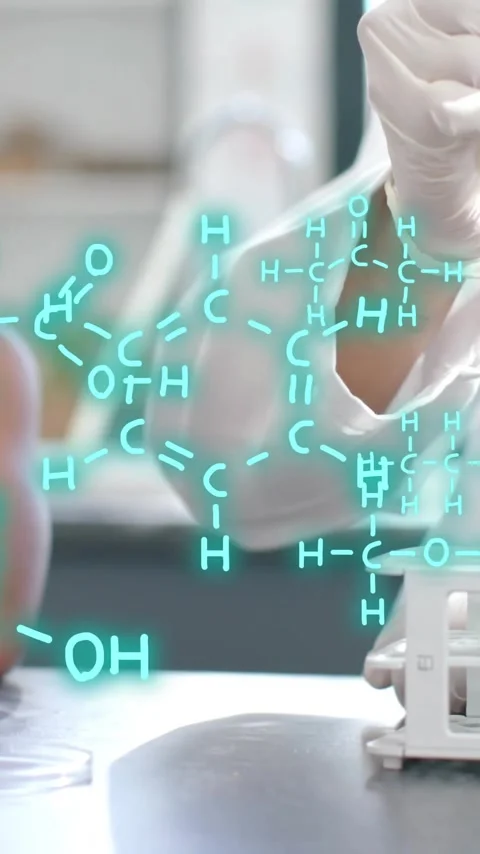 Chemical formula and molecular structure over scientists working in laboratory Stock Footage 343714373