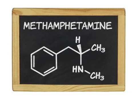 Chemical formula of methamphetamine Stock Photos