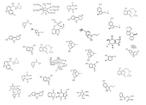 Chemical formulas and elements.scientific background on white. hand-drawn. Illustrazione stock