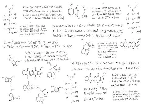 Chemical formulas and elements.scientific background on white. hand-drawn. Illustrazione stock