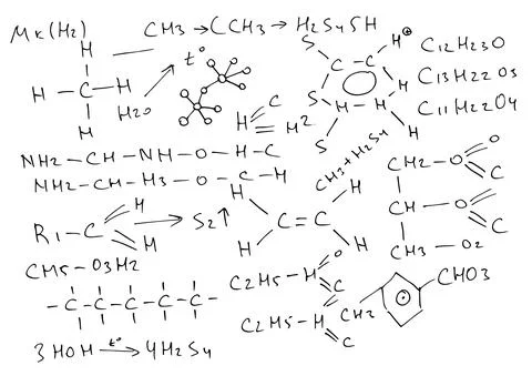 Chemical formulas and expressions. Vector scientific background. Handwritten on Stock Illustration
