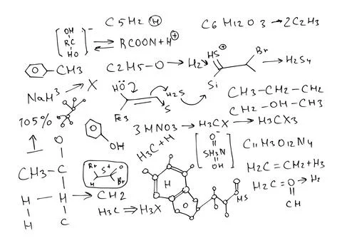 Chemical formulas and expressions. Vector scientific background. Handwritten on Stock Illustration