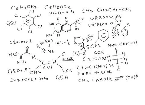 Chemical formulas and expressions. Vector scientific background. Handwritten on Stock Illustration
