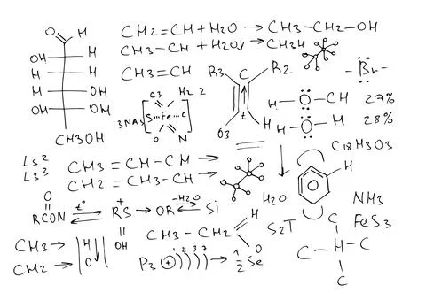 Chemical formulas and expressions. Vector scientific background. Handwritten on Stock Illustration