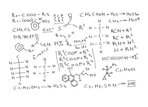 Chemical formulas and expressions. Vector scientific background. Handwritten on Stock Illustration