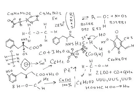 Chemical formulas and expressions. Vector scientific background. Handwritten on Stock Illustration