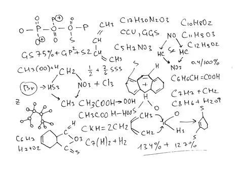 Chemical formulas and expressions. Vector scientific background. Handwritten on Stock Illustration