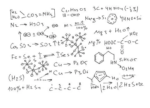 Chemical formulas and expressions. Vector scientific background. Handwritten on Stock Illustration