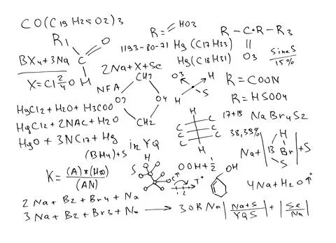 Chemical formulas and expressions. Vector scientific background. Handwritten on Stock Illustration