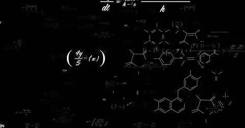 Chemical formulas and molecular structures image over black background Stock Illustration