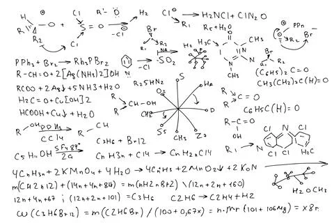 Chemical formulas. Handwritten on a white background. Stock Illustration