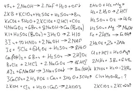 Chemical formulas. Handwritten on a white background. Stock Illustration