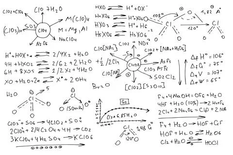 Chemical formulas. Handwritten on a white background. Stock Illustration