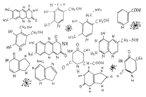 Chemical formulas. Scientific, educational background. Hand-drawn. Vector. Stock Illustration