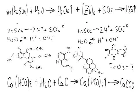 Chemical formulas . the scientific educational background is hand-drawn on a Stock Illustration