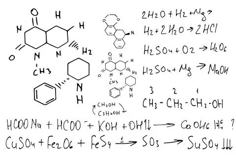 Chemical formulas . the scientific educational background is hand-drawn on a Stock Illustration