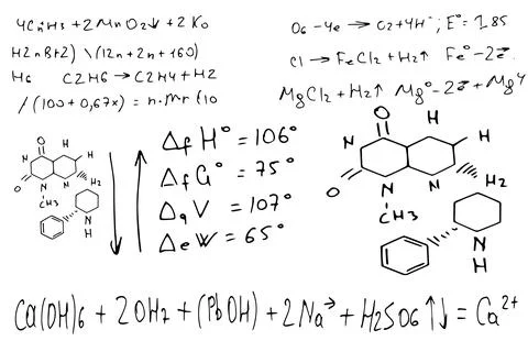 Chemical formulas . the scientific educational background is hand-drawn on a Stock Illustration