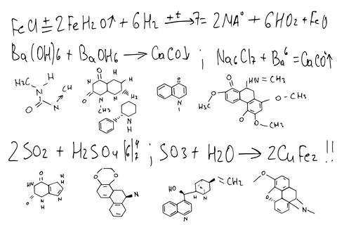 Chemical formulas . the scientific educational background is hand-drawn on a Stock Illustration