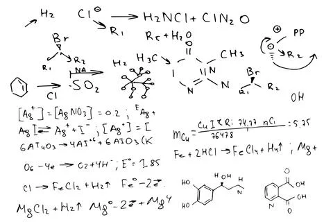 Chemical formulas . the scientific educational background is hand-drawn on a Stock Illustration