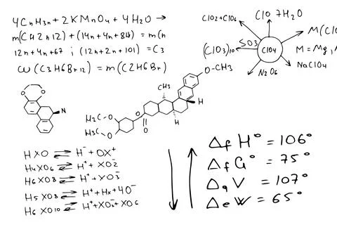 Chemical formulas . the scientific educational background is hand-drawn on a Stock Illustration