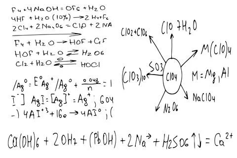 Chemical formulas . the scientific educational background is hand-drawn on a Stock Illustration