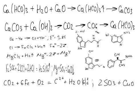 Chemical formulas . the scientific educational background is hand-drawn on a Stock Illustration