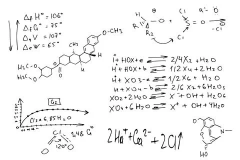 Chemical formulas . the scientific educational background is hand-drawn on a Stock Illustration
