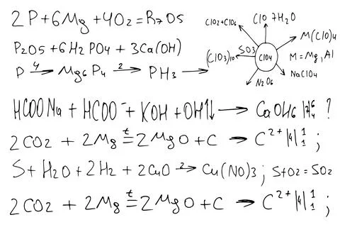 Chemical formulas . the scientific educational background is hand-drawn on a Stock Illustration