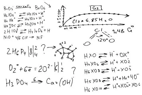 Chemical formulas . the scientific educational background is hand-drawn on a Stock Illustration