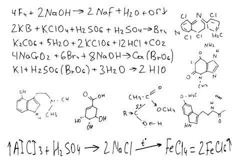 Chemical formulas . the scientific educational background is hand-drawn on a Stock Illustration