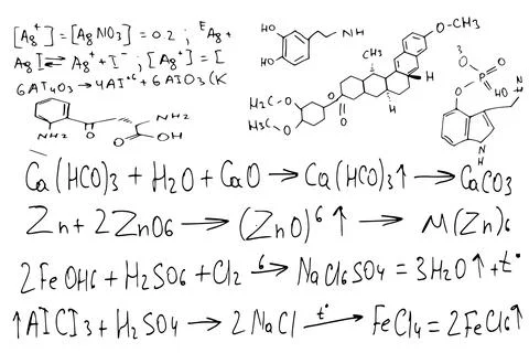 Chemical formulas . the scientific educational background is hand-drawn on a Stock Illustration