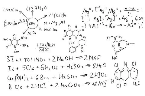 Chemical formulas . the scientific educational background is hand-drawn on a Stock Illustration