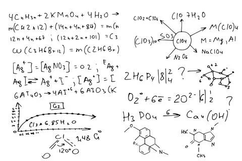 Chemical formulas . the scientific educational background is hand-drawn on a Stock Illustration